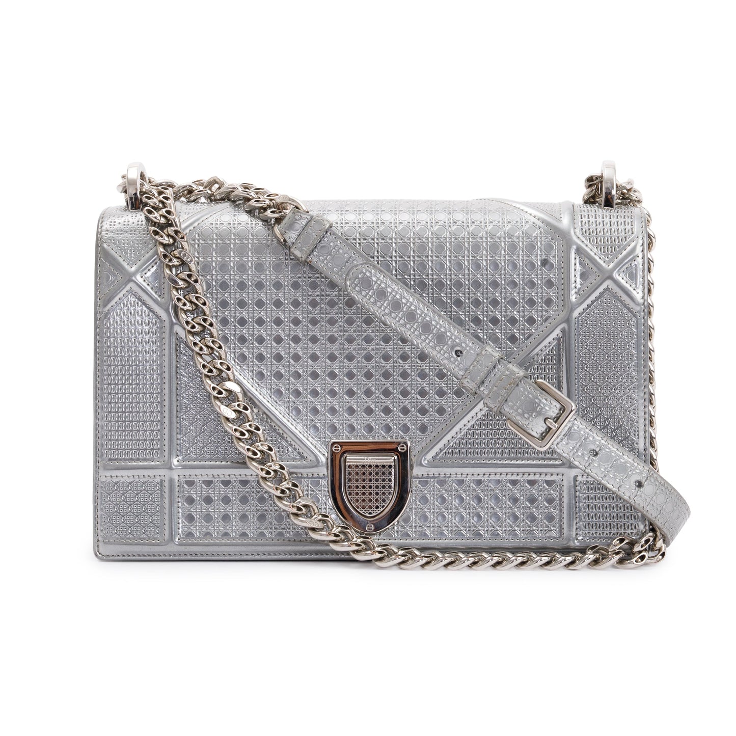Christian Dior Large Silver Metallic Microcannage Diorama Shoulder Bag