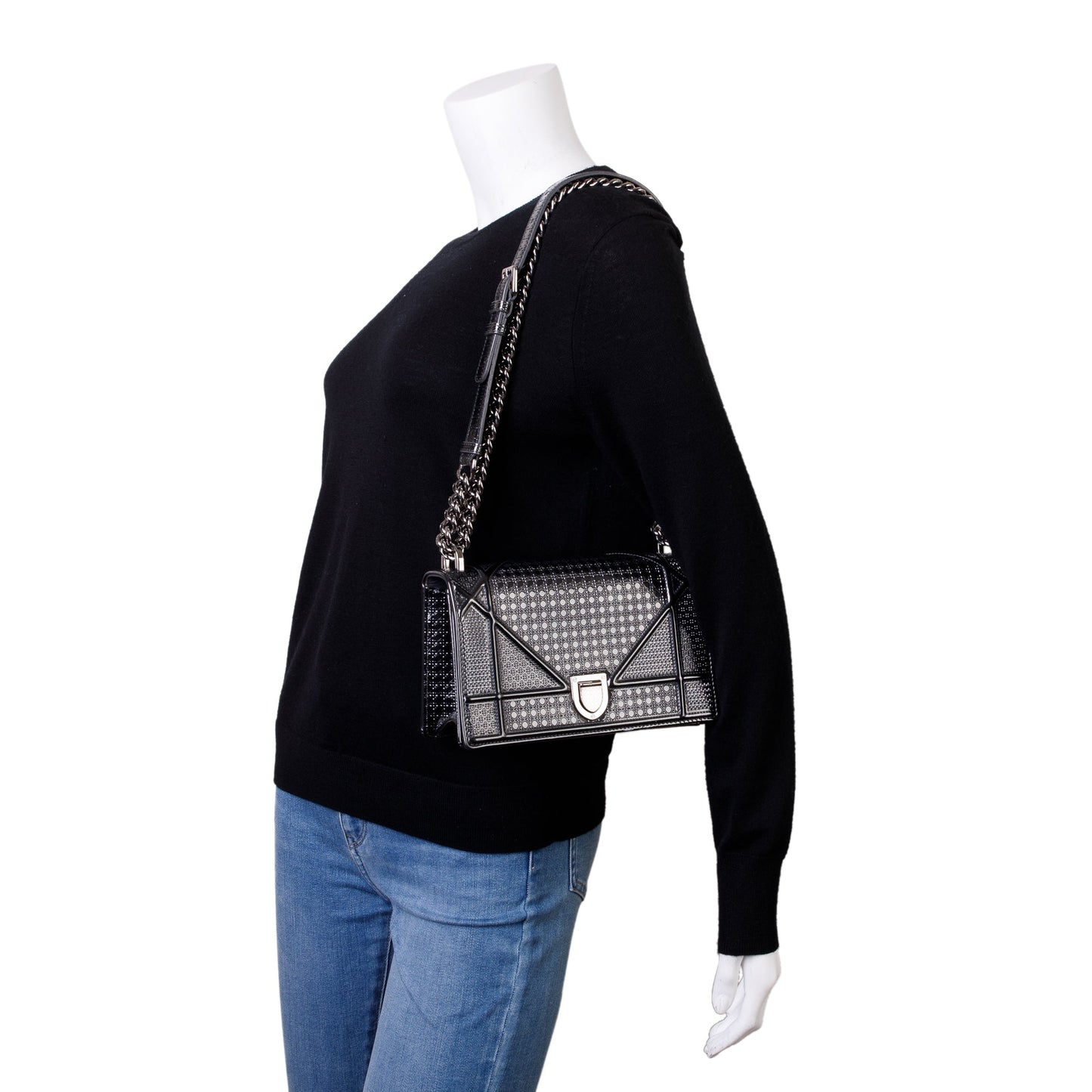Christian Dior Metallic Grey Micro-Cannage Patent Leather Small Diorama Shoulder Bag