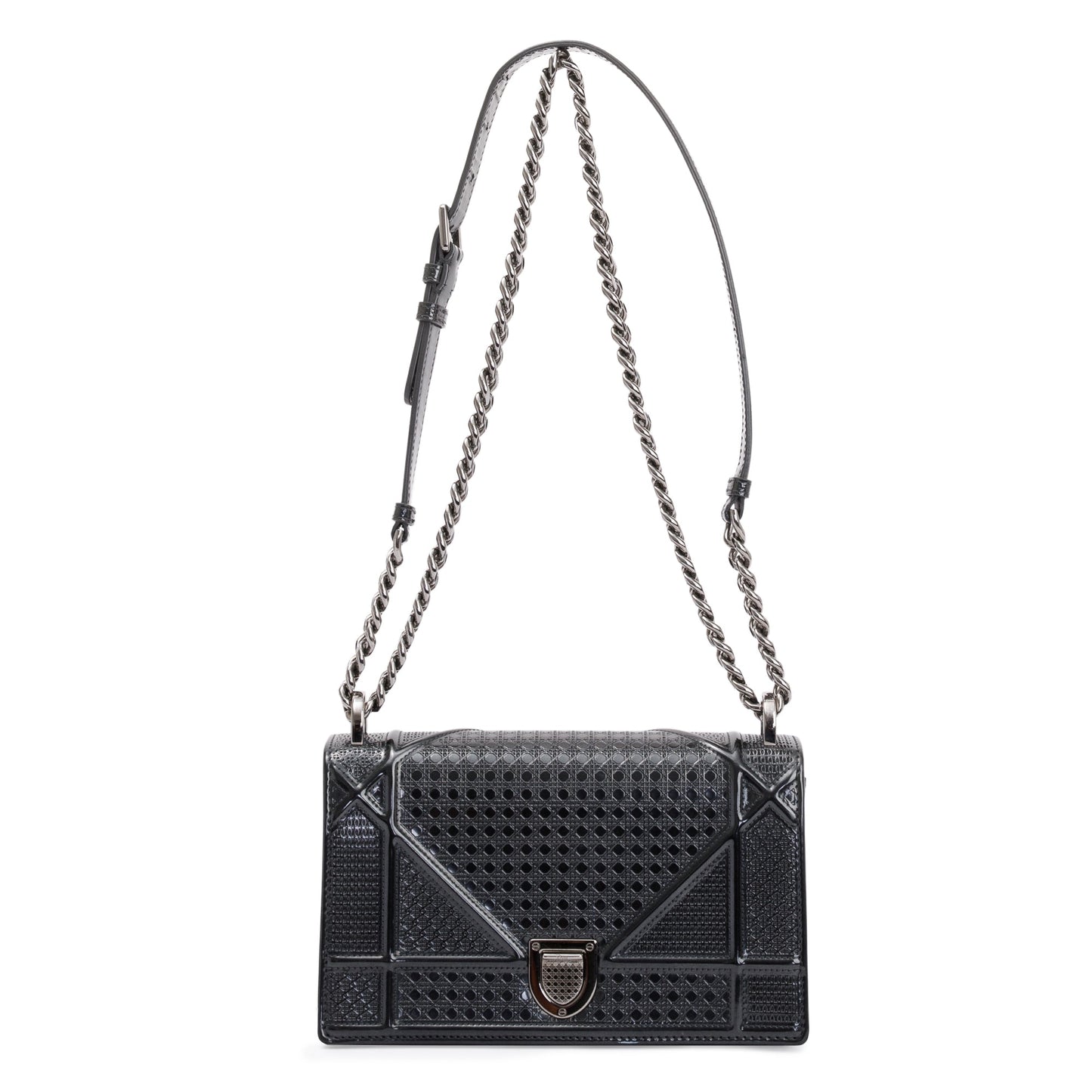Christian Dior Metallic Grey Micro-Cannage Patent Leather Small Diorama Shoulder Bag