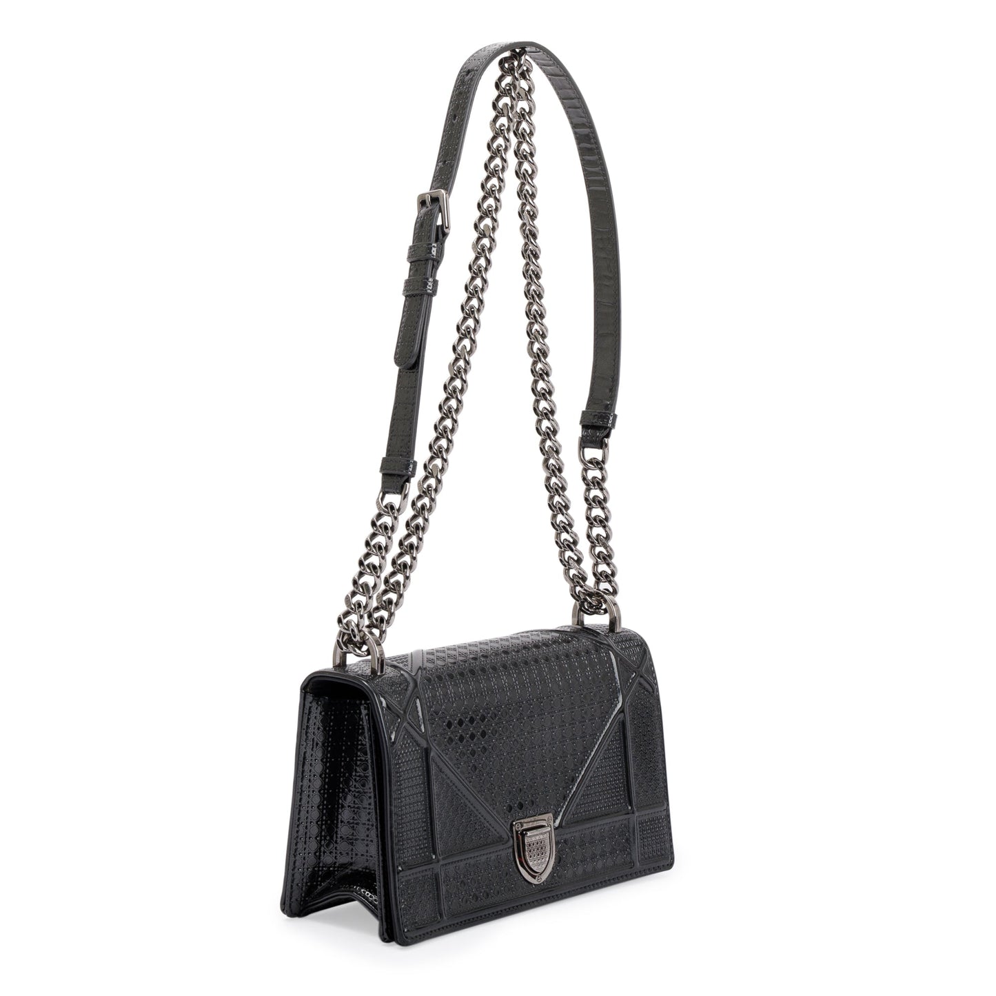 Christian Dior Metallic Grey Micro-Cannage Patent Leather Small Diorama Shoulder Bag