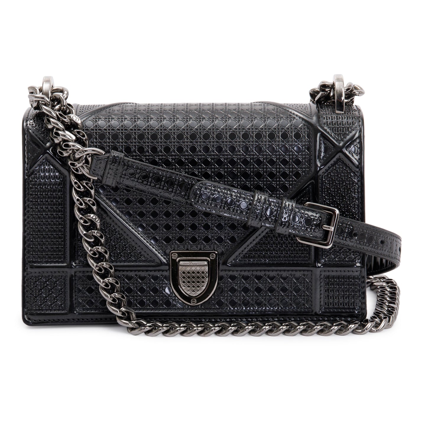 Christian Dior Metallic Grey Micro-Cannage Patent Leather Small Diorama Shoulder Bag
