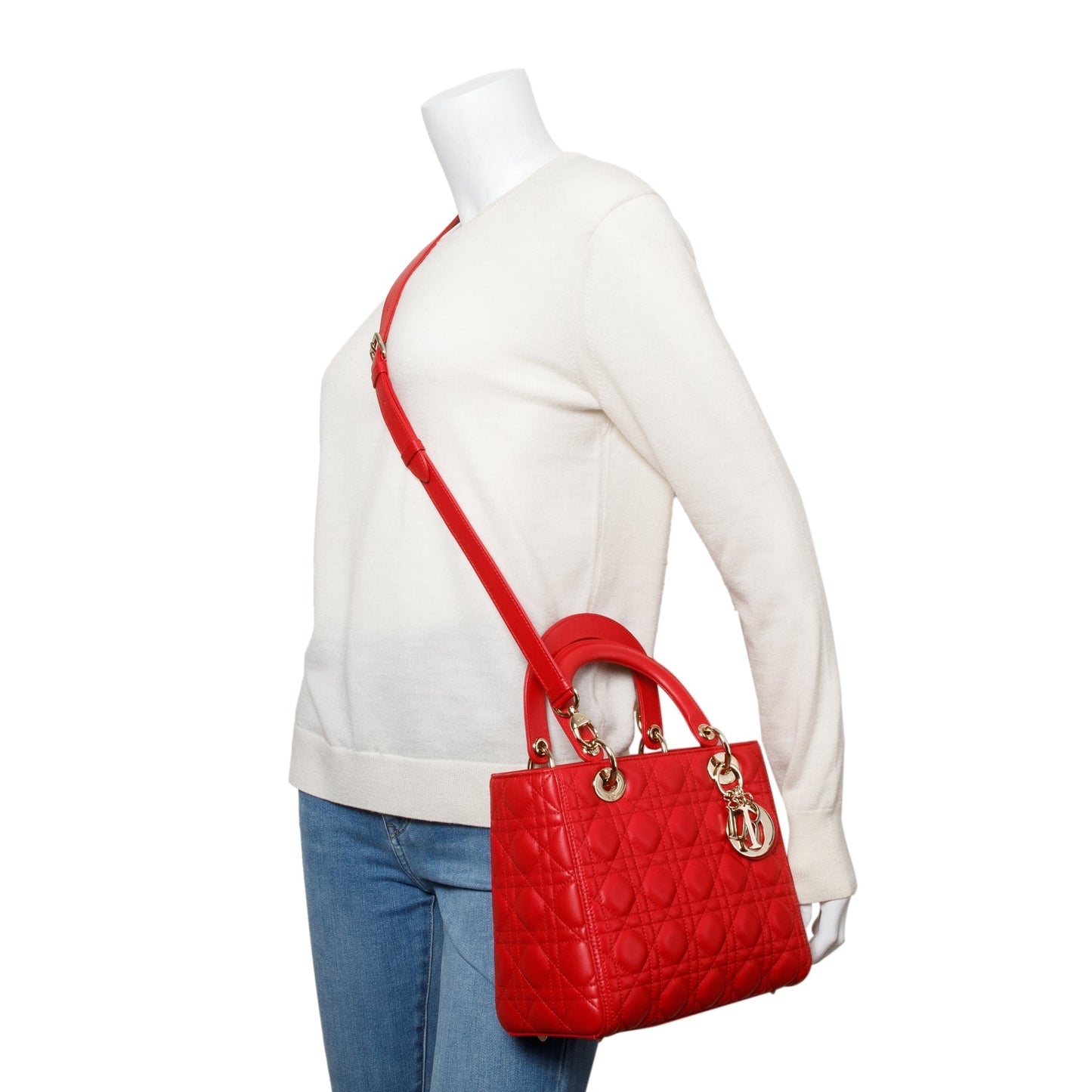 Christian Dior Red Cannage Lambskin Leather Small Lady Dior Bag