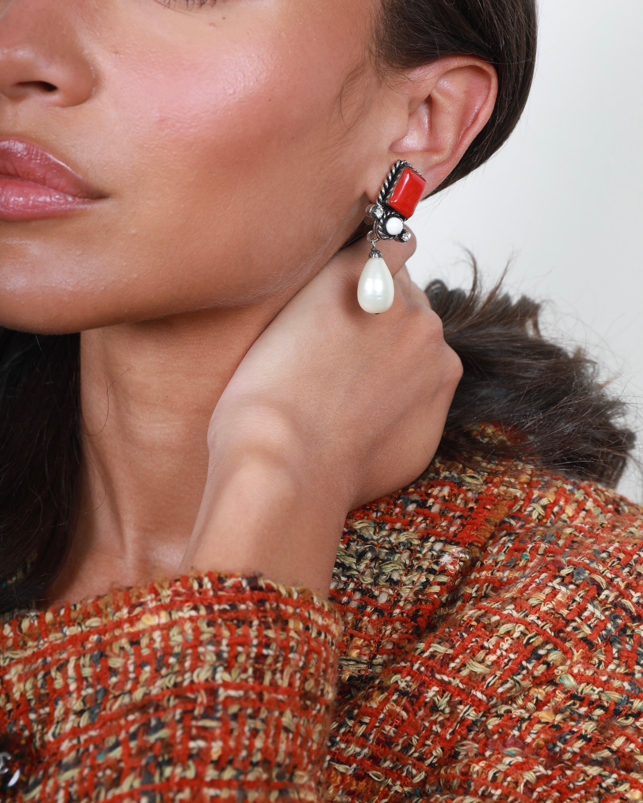 Chanel Silver   96P Red, Crystal Pearl Drop Detail Clip-On Earrings