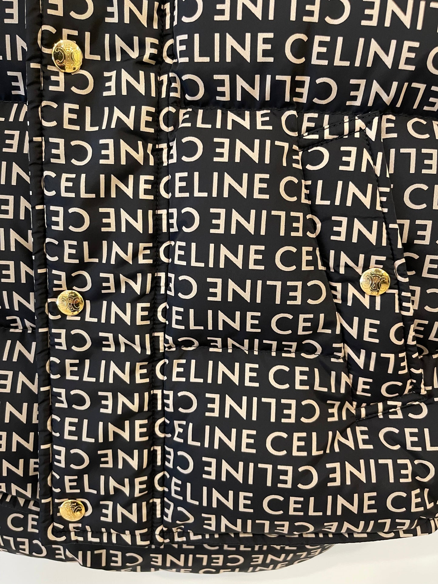 Celine Black and Beige Sleeveless Puffer Jacket with Logo Prints Size XS (UK 6)