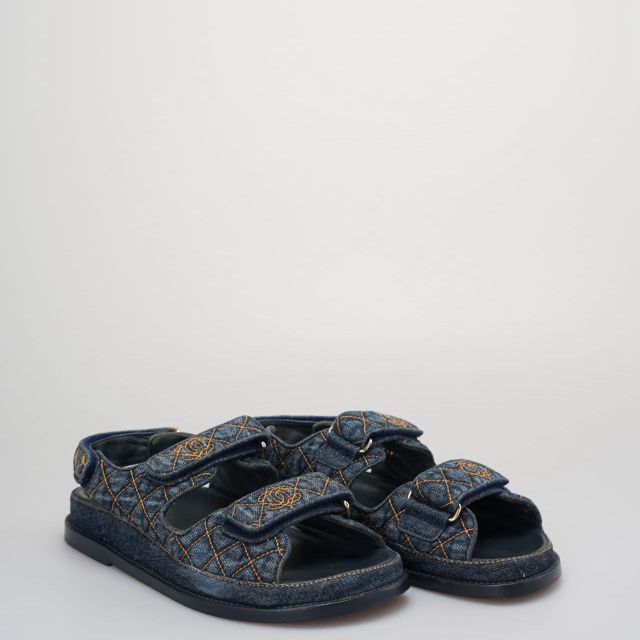 Chanel Denim Velcro Dad Sandals Navy Blue Size 38