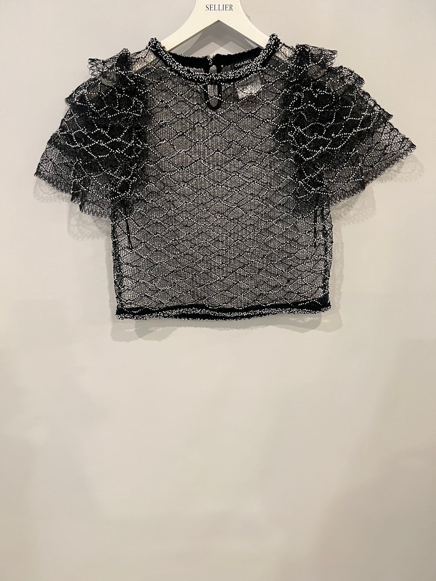 Chanel Spring 2018 Black and Pearl Metallic Caged Top and Skirt Set Size FR 34 (UK 6)