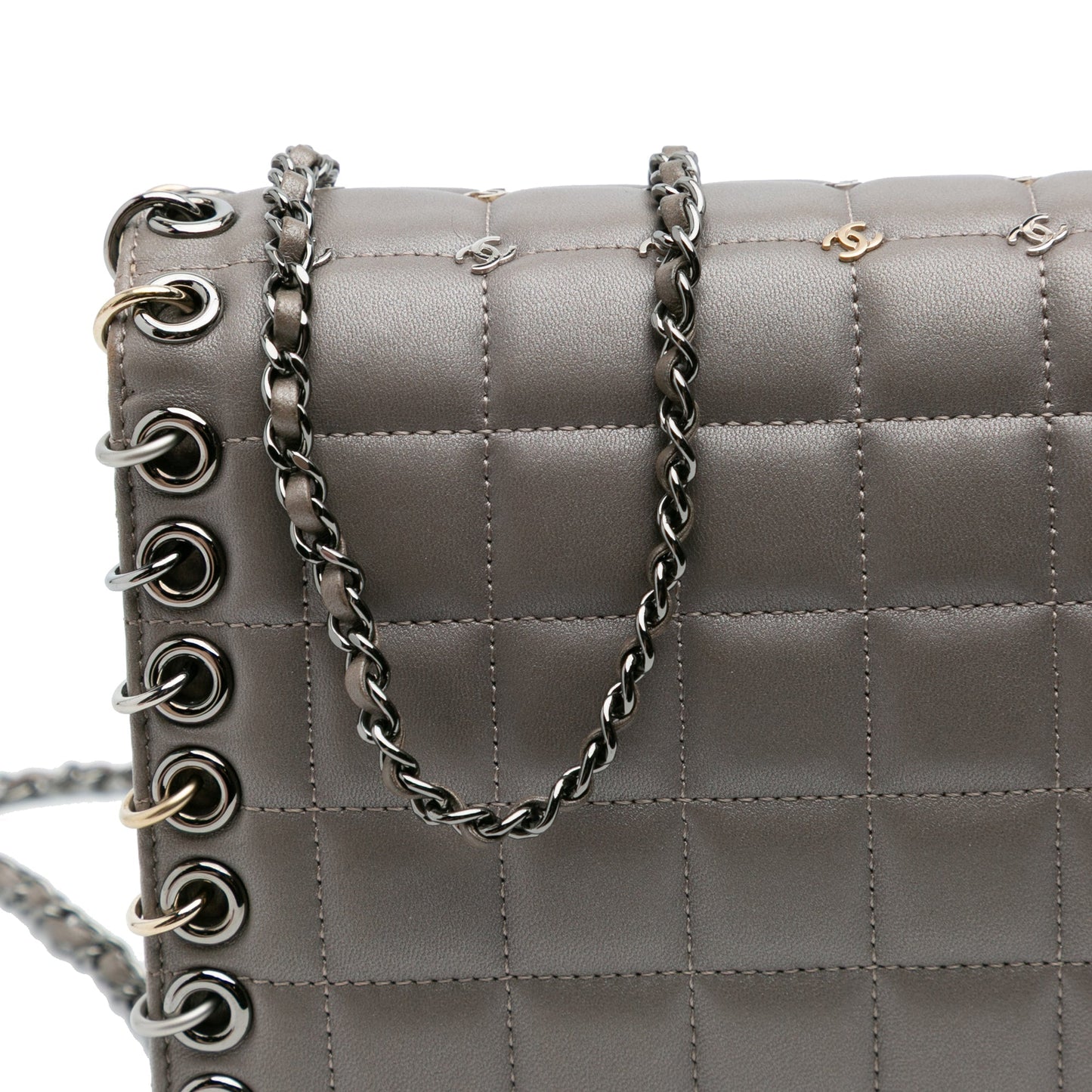 Gray Chanel Small Lambskin Chocolate Bar CC Piercing Studded Chain Flap Crossbody Bag