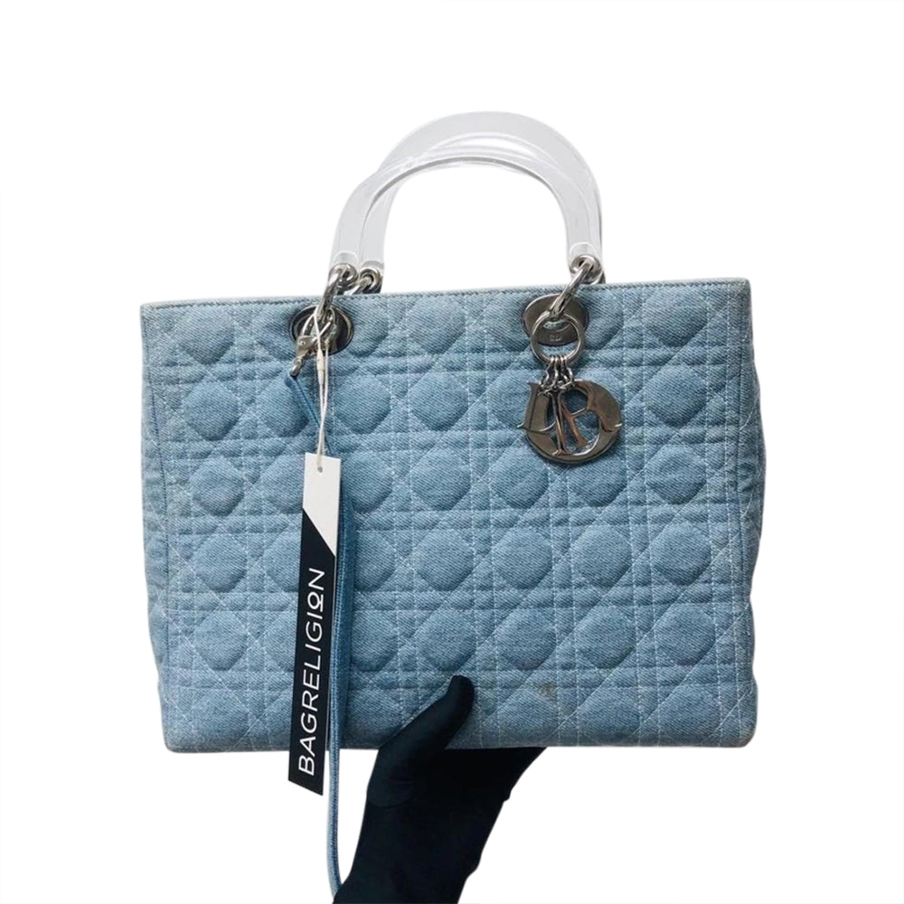 Lady Dior Large   Denim Quilted Cannage tote with strap and acrylic handle GHW