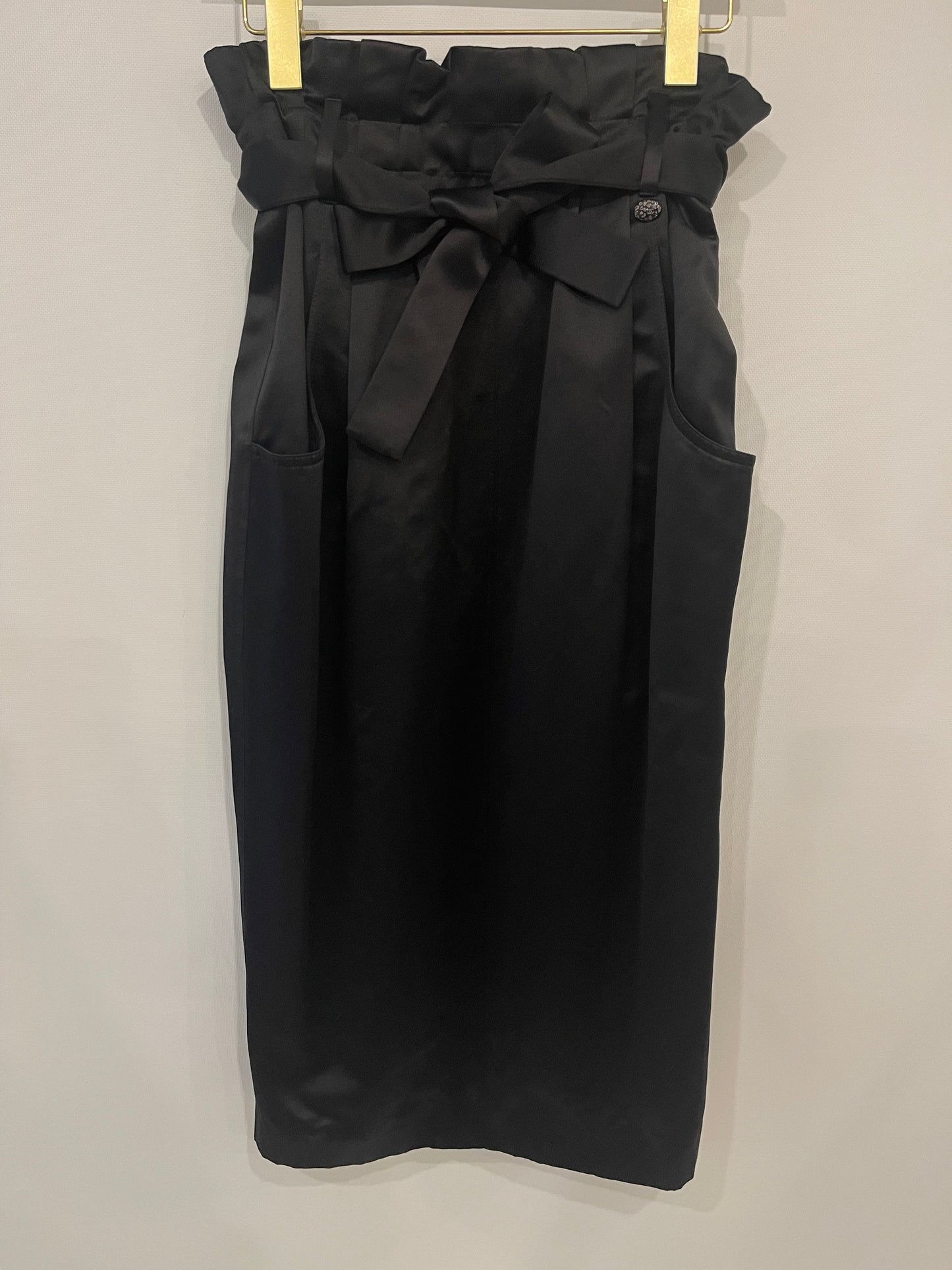 Chanel Black Satin Midi Skirt with CC Logo Detail Size FR 36 (UK 8)
