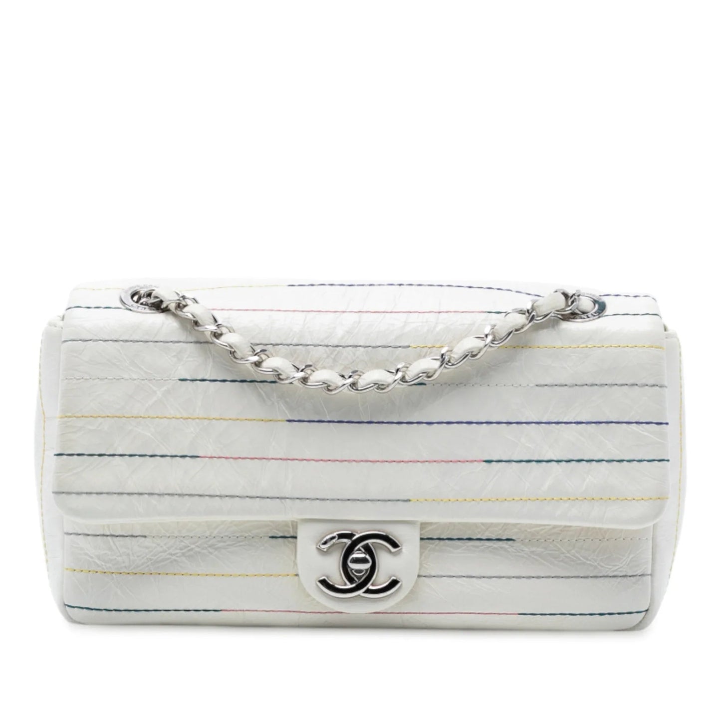 White Chanel Distressed Calfskin Straight Line Stitch Flap Crossbody Bag