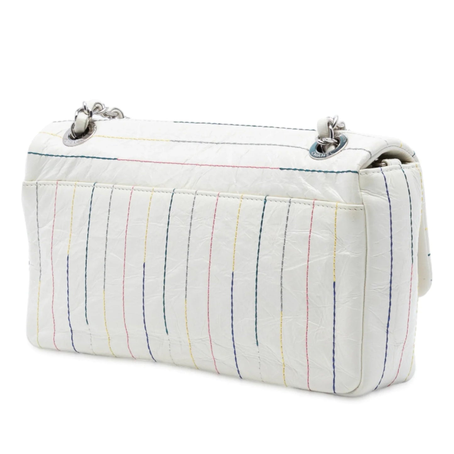 White Chanel Distressed Calfskin Straight Line Stitch Flap Crossbody Bag