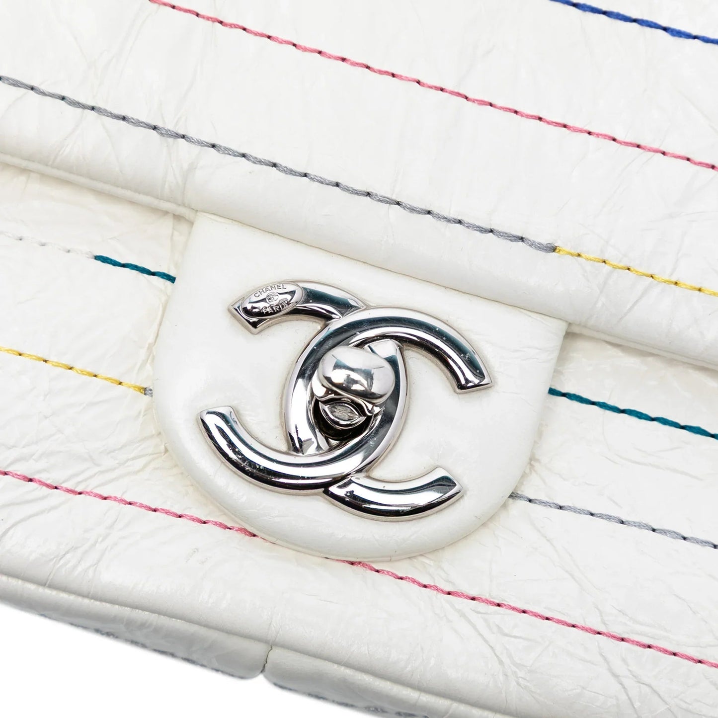 White Chanel Distressed Calfskin Straight Line Stitch Flap Crossbody Bag