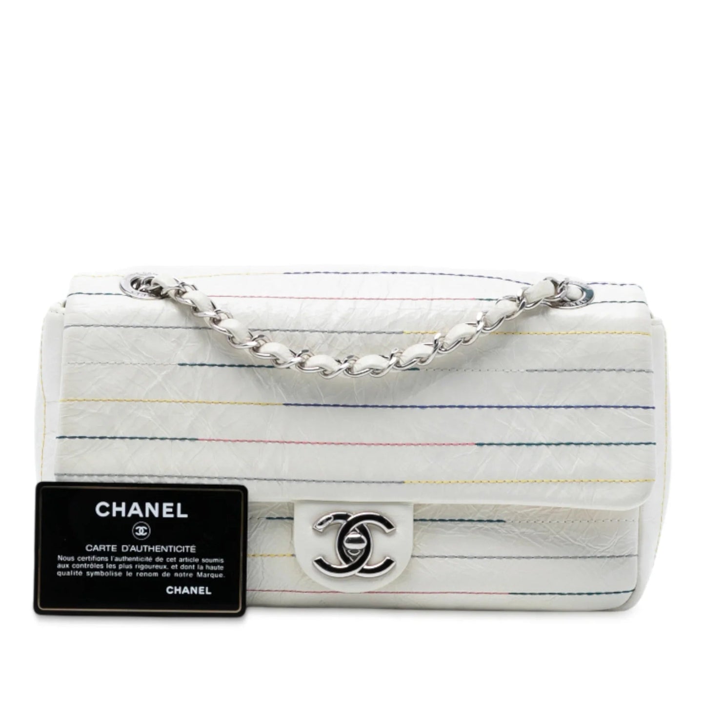 White Chanel Distressed Calfskin Straight Line Stitch Flap Crossbody Bag