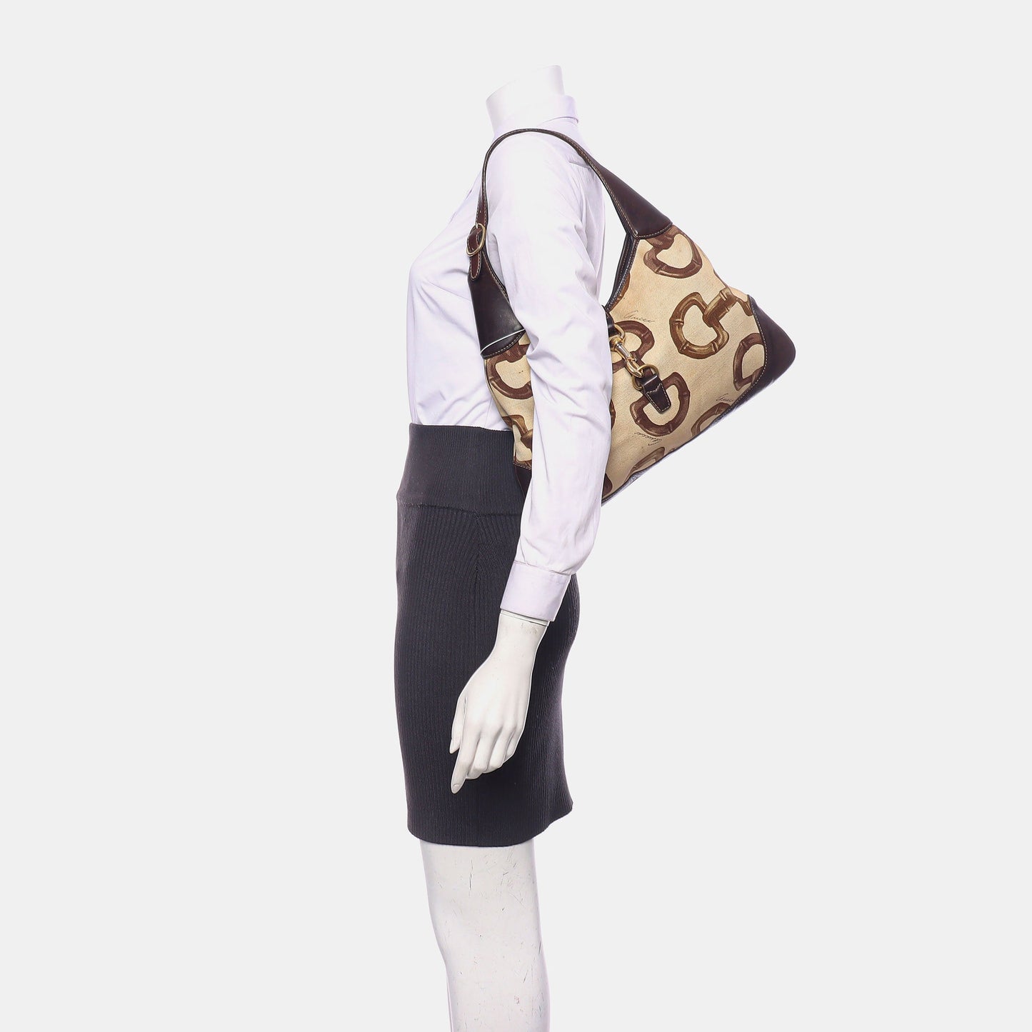 Gucci Jackie   Medium Horsebit Print Cloth and Brown Leather Gold Hardware