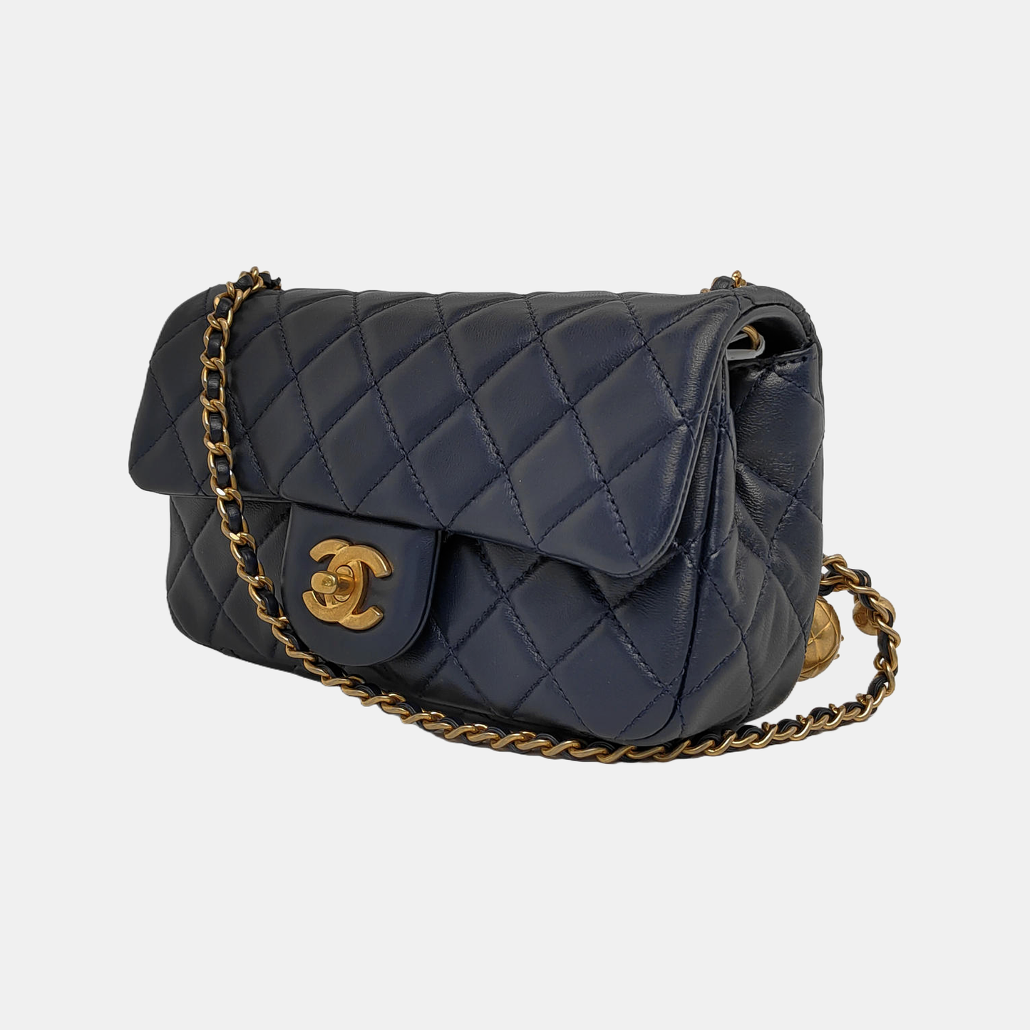Chanel Classic Flap Rectangular Mini Navy Lambskin Pearl Crush Adjustable Gold Ball Chain