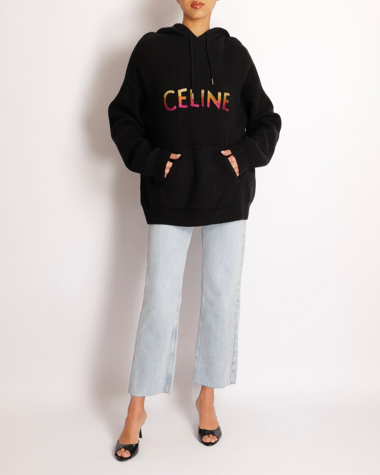 Celine Black Wool Knit Hooded Jumper with Multi-Colour Ombre Sequin Logo Size XS (UK 6) RRP £1,500
