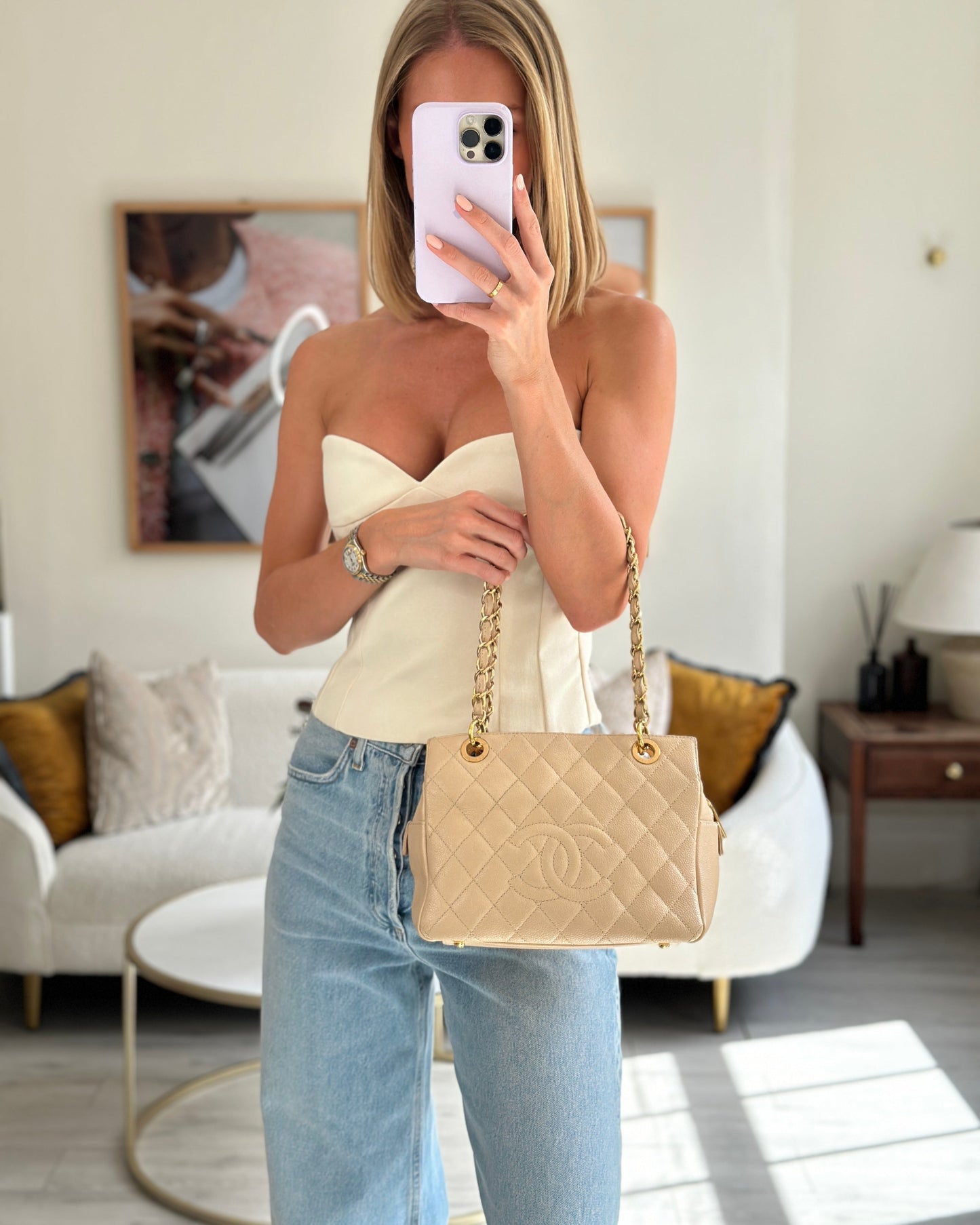 *RARE* Chanel   Mini Beige GST Shopper Tote Bag in Caviar Leather with Gold Hardware