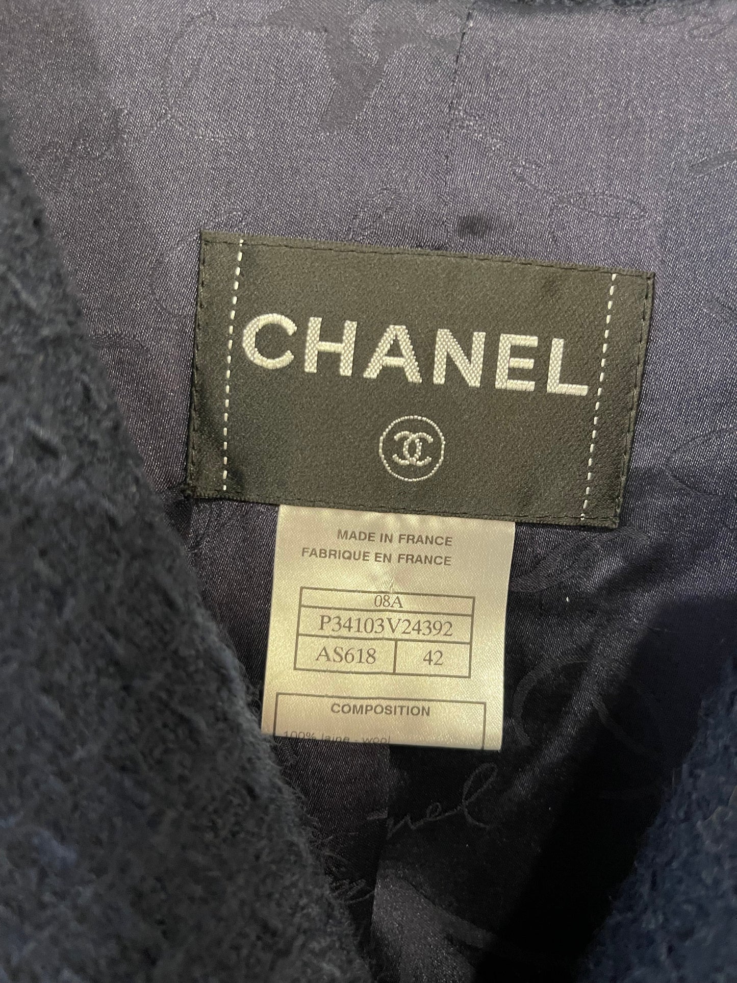 Chanel 08A Navy Tweed Jacket and Midi Skirt Set with Silver CC Logo Details Size FR 42 (UK 14)