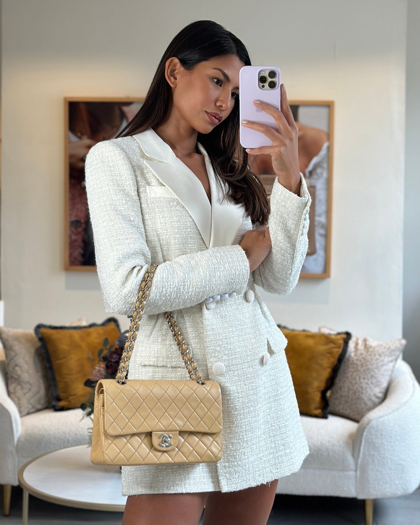 Chanel   Beige Classic Medium Double Flap Bag in Lambskin Leather with Silver Hardware