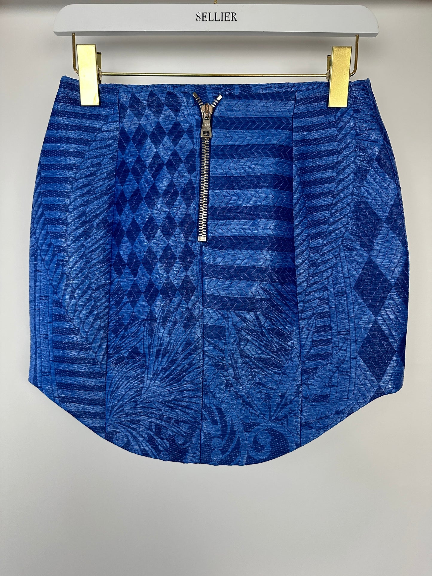 Balmain Bright Blue Woven Curved Hem Mini Skirt With Silver Zip Detail Size FR 36 (UK 8)