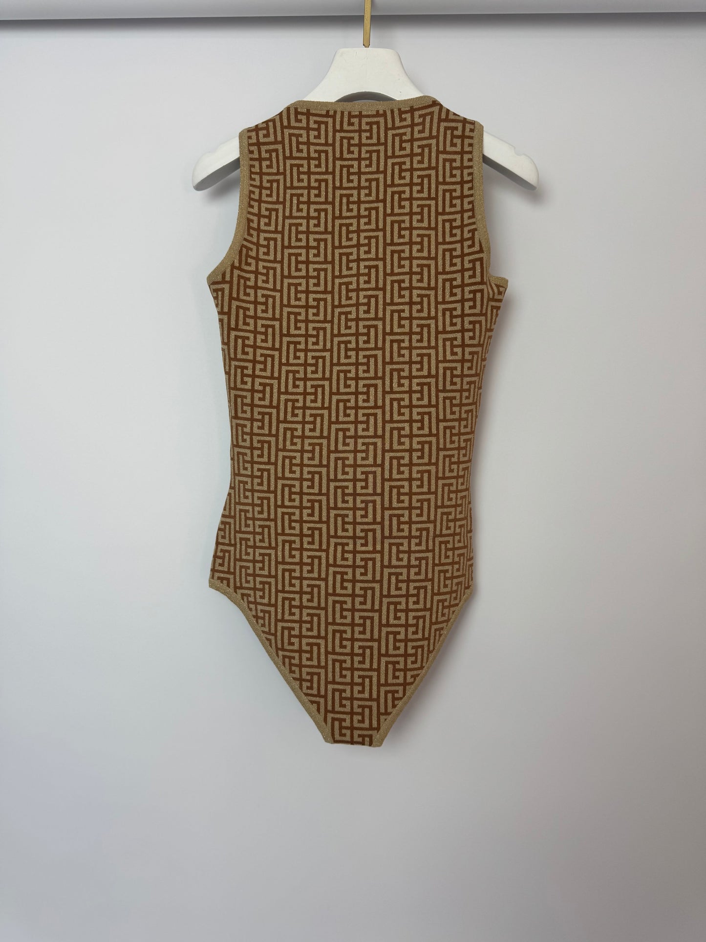 Balmain Gold Metallic Logo Print Bodysuit Size FR 36 (UK 8)