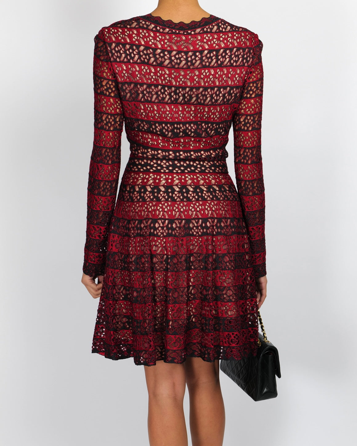 Alaia Burgundy Perforated Striped Long-Sleeved Mini Dress Size FR 42 (UK 14)