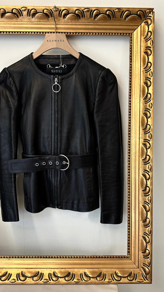 GUCCI Belted Leather Jacket Black