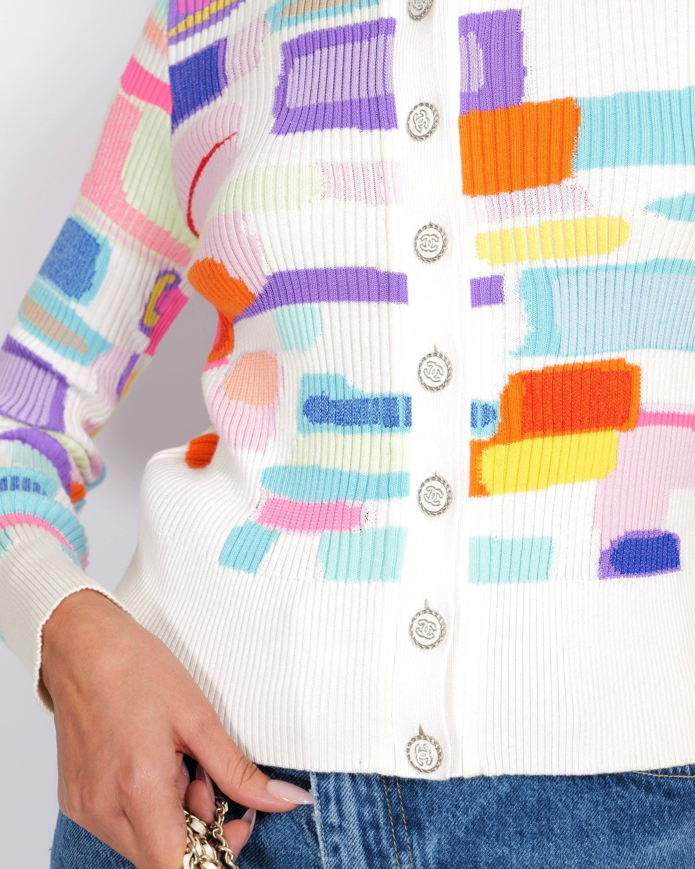 Chanel Spring 2019 White and Multi-Colour Ribbed Cardigan with Silver and White CC Logo Buttons Size FR 38 (UK 10)
