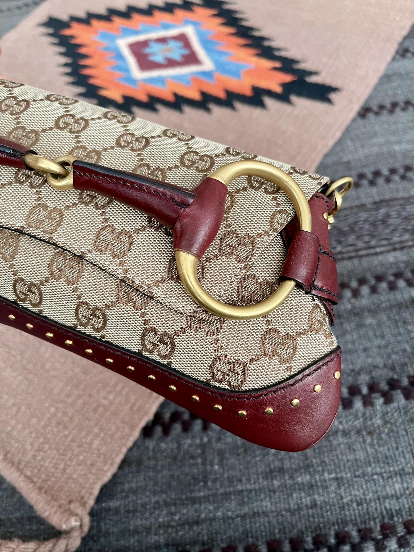 Gucci Horsebit 1955 Small Cloth Beige Monogram Burgundy Leather Shoulder bag