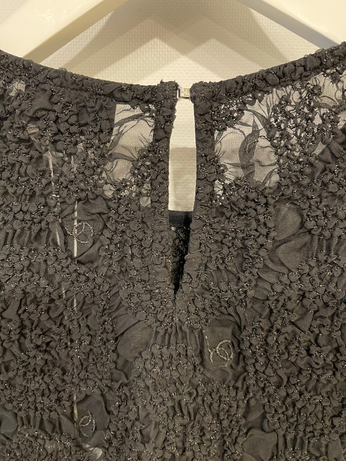 Chanel Black Lace Tulle Top and Cyclist Shorts Set with Camelia Details and Crystal CC Logos Size FR 34 (UK 6)