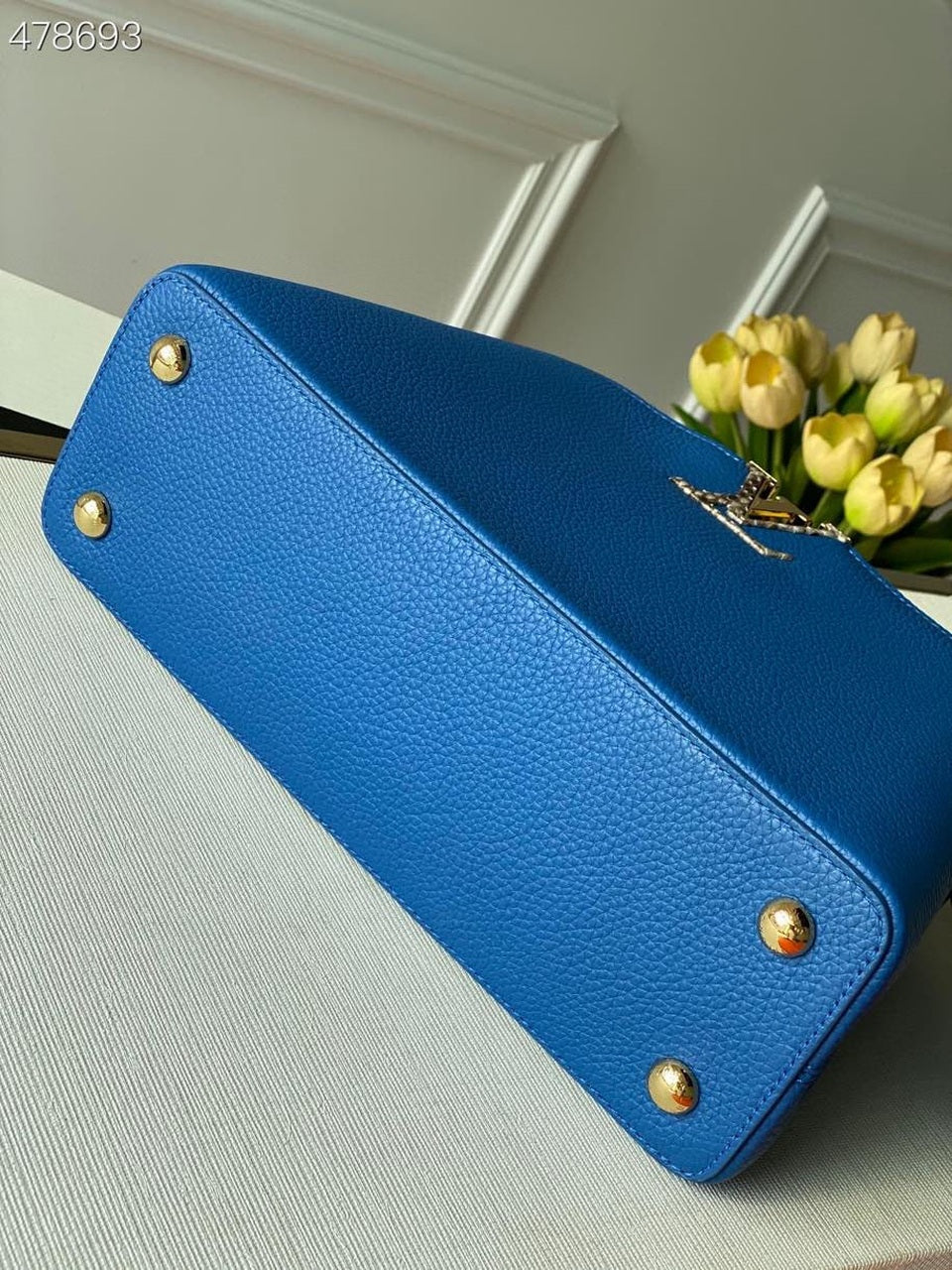 Top Quality Woven Capucines Python Handle Bag 27cm Taurillon Leather Spring/Summer 2021 Collection N98388, Blue