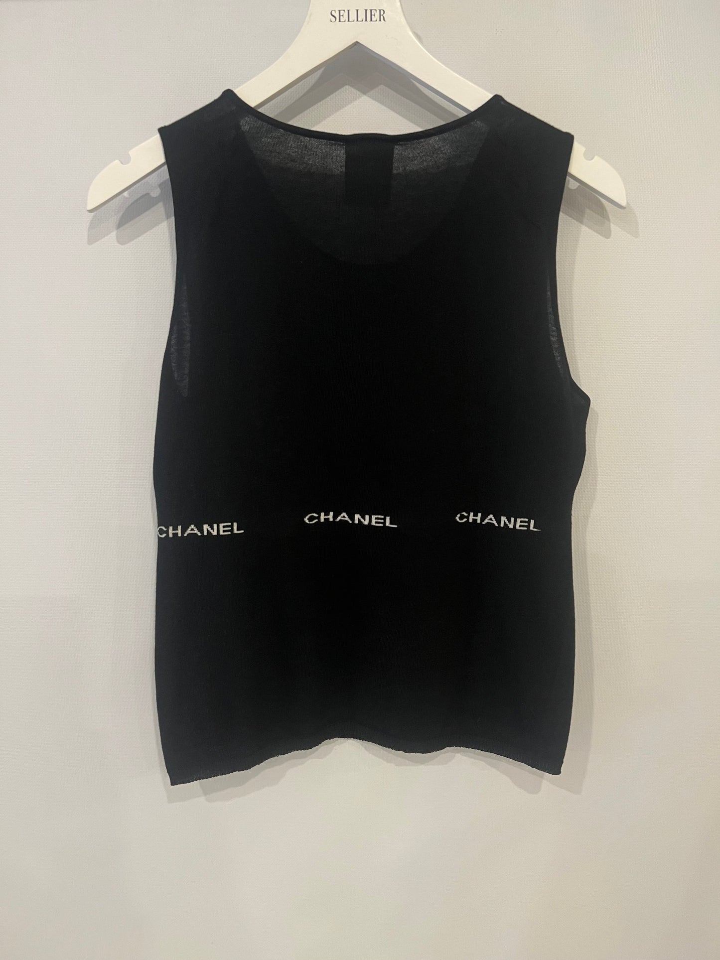 Chanel 2004 Black Sleeveless Tank Top with White Logo Print Detail Size FR 40 (UK 12)