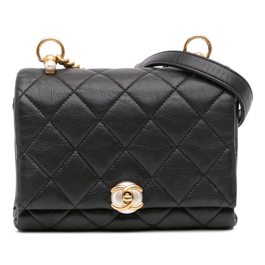 Black Chanel Mini Quilted Calfskin Pearl CC Accordion Flap Crossbody Bag