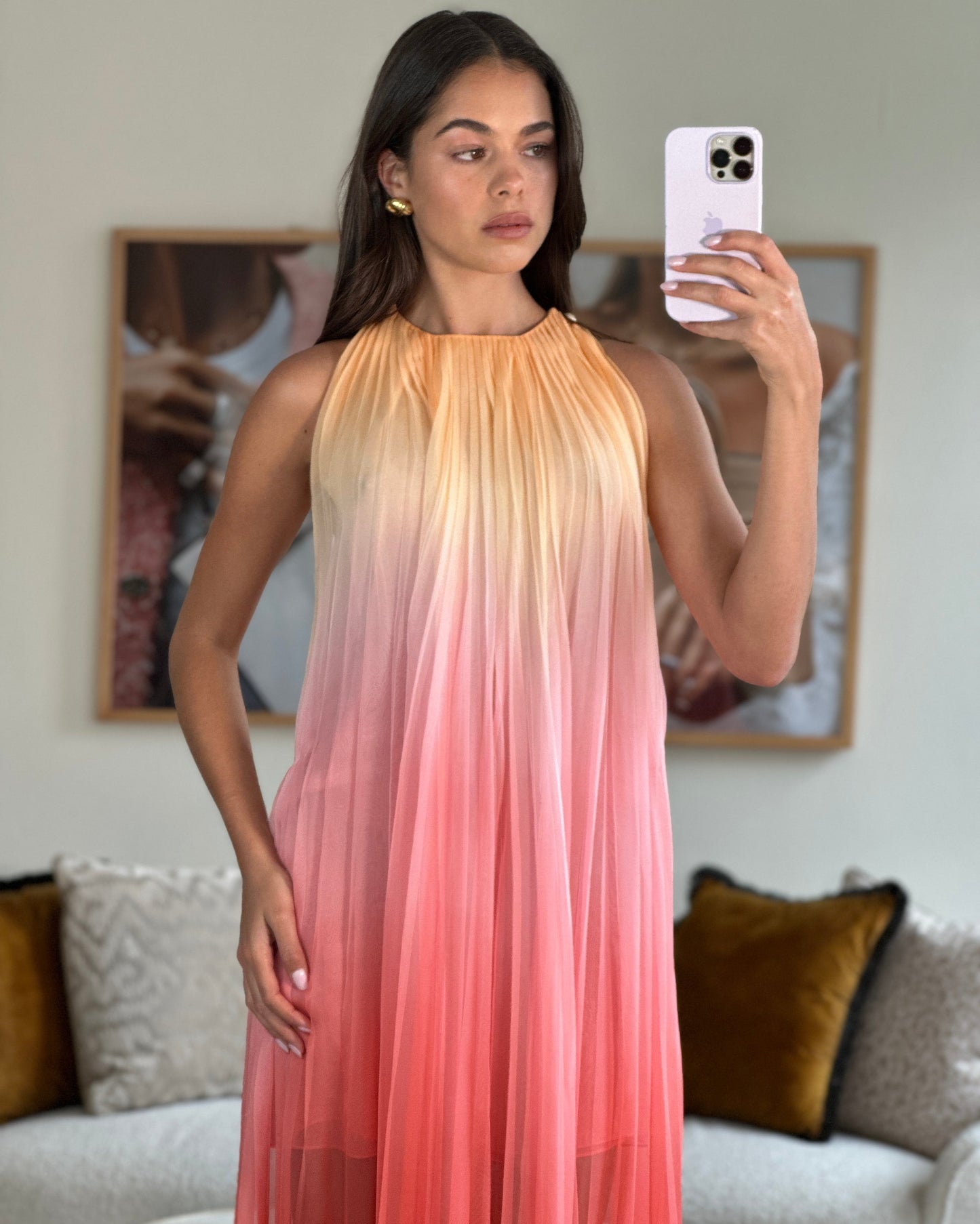 Chanel 20A Ombre Pink, Peach and Orange Silk Pleated Sleeveless Midi Dress Size FR 34 (UK 6) RRP £5,500