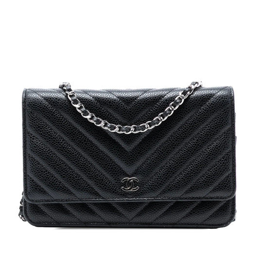 Black Chanel CC Chevron Caviar Wallet On Chain Crossbody Bag
