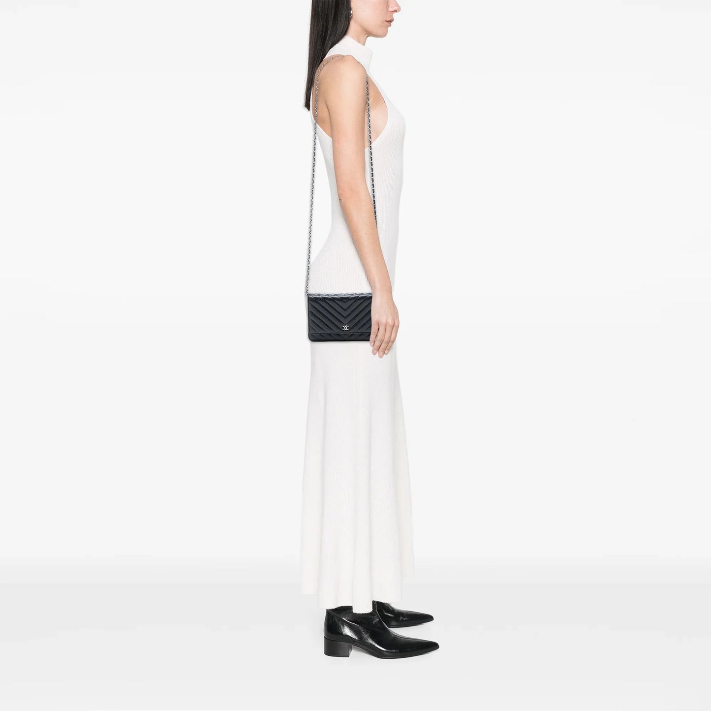 Black Chanel CC Chevron Caviar Wallet On Chain Crossbody Bag