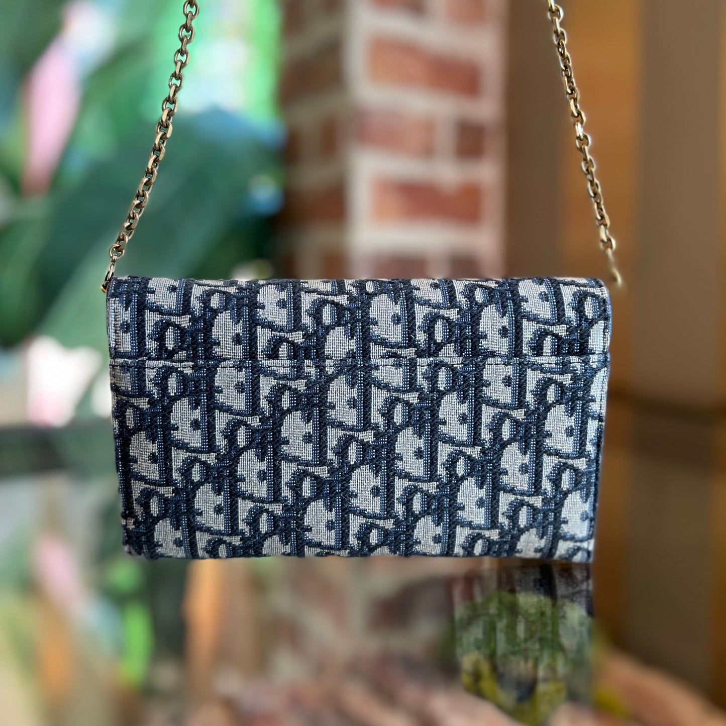 DIOR Saddle Pouch w/Chain Blue Dior Oblique Jacquard Crossbody Bag