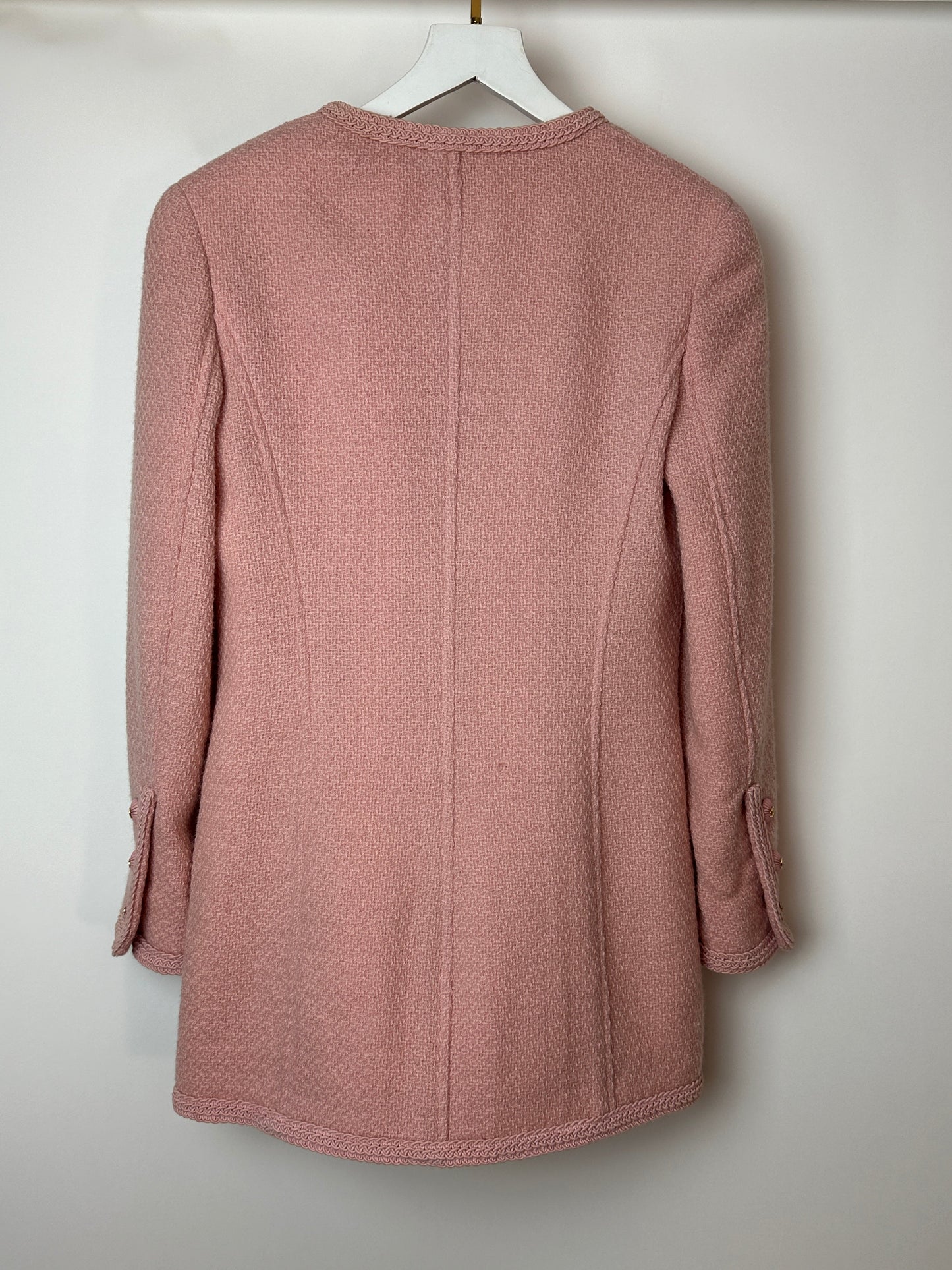 Chanel 93C Pink Tweed Skirt and Jacket Set with Logo Buttons and Pocket Detail FR 38 (UK 10)