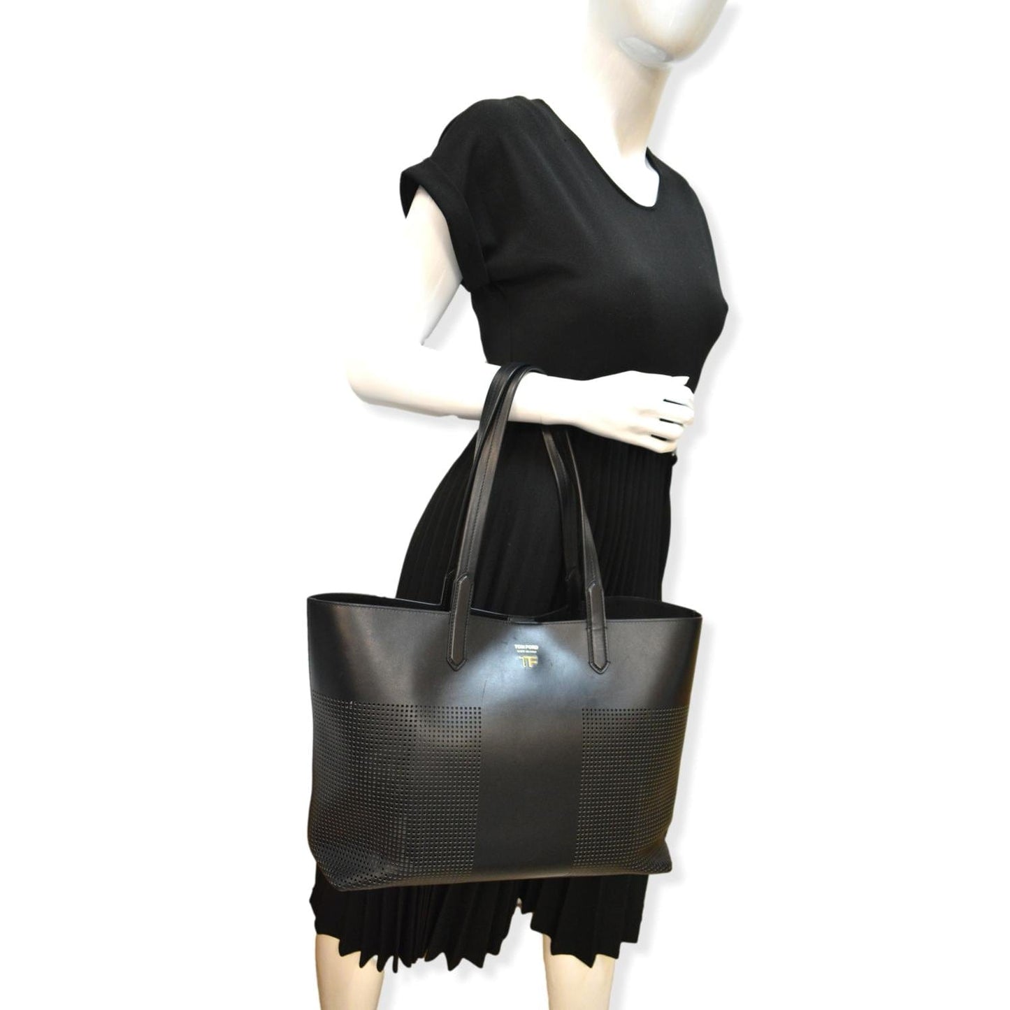 TOM FORD East/West Graphic T Perforated Leather Tote Bag Black