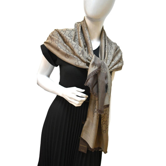 Gucci GG Wool Silk Scarf Tan