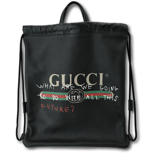 GUCCI Drawstring Print Leather Backpack Bag Black 494053