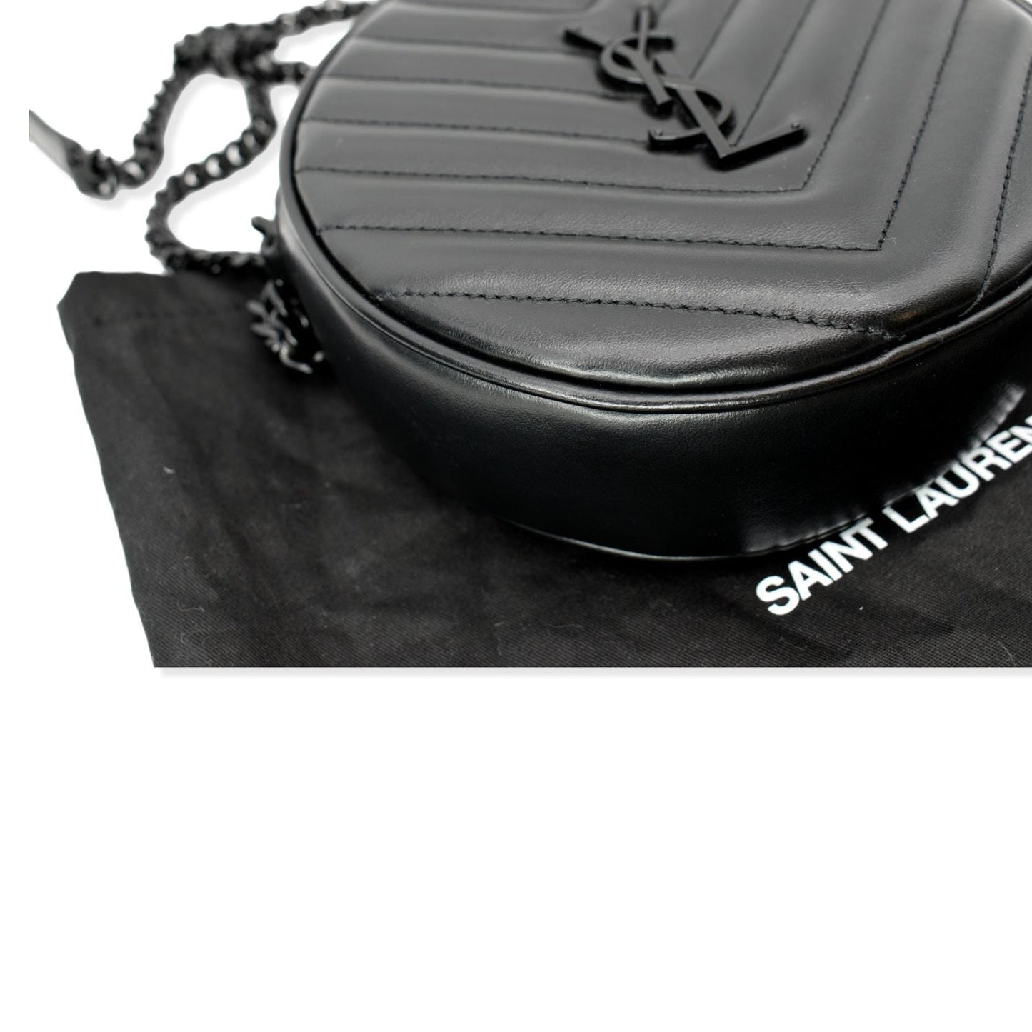 YVES SAINT LAURENT Vinyle Round Chevron Leather Camera Crossbody Bag Black