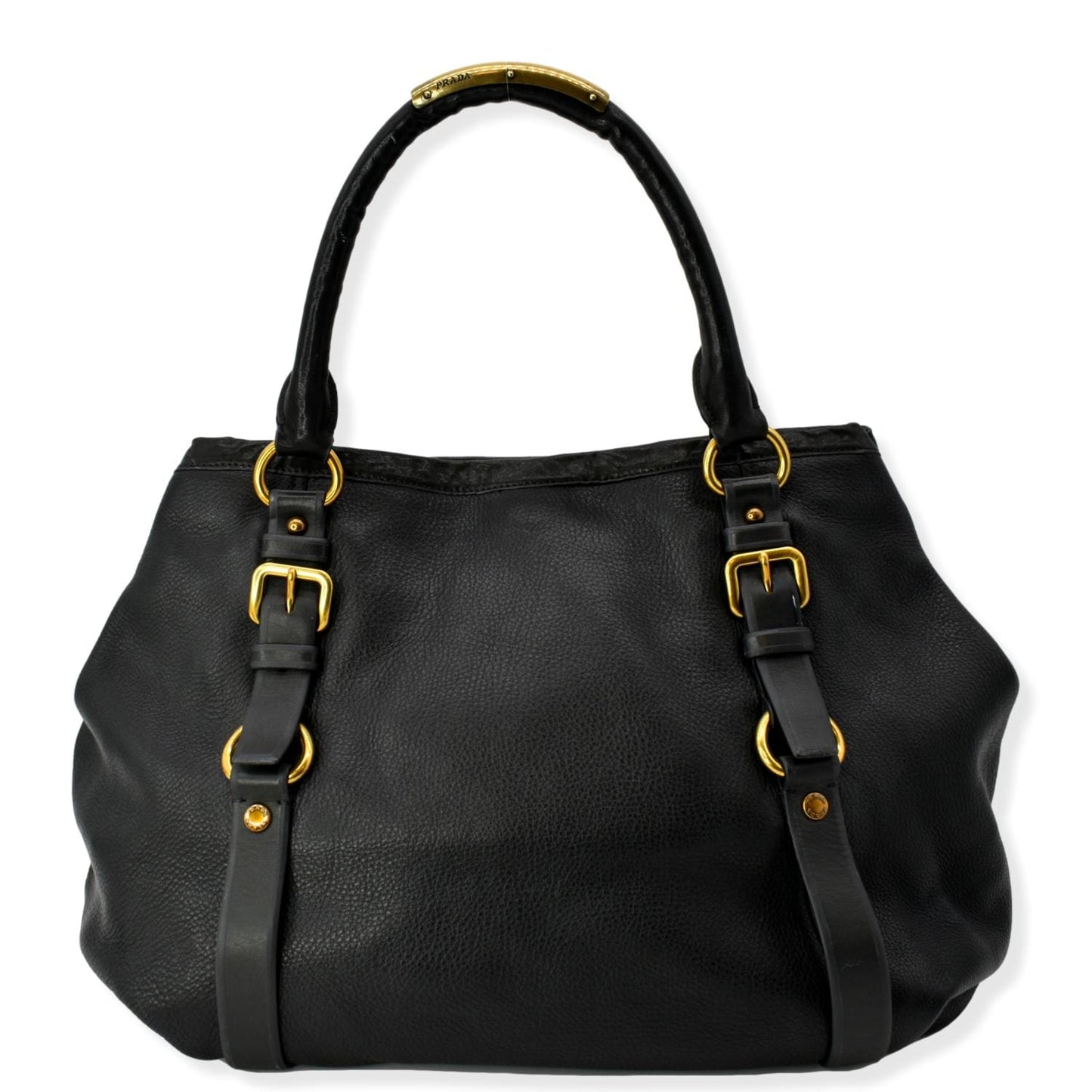 PRADA Vitello Daino Logo Embossed Leather Hobo Bag Black