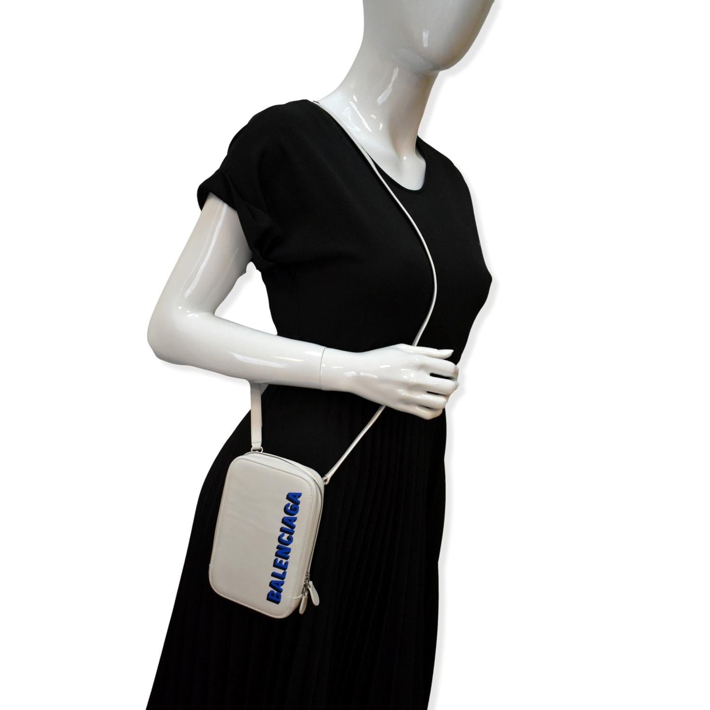 BALENCIAGA Logo Print Leather Strap Cash Phone Holder White