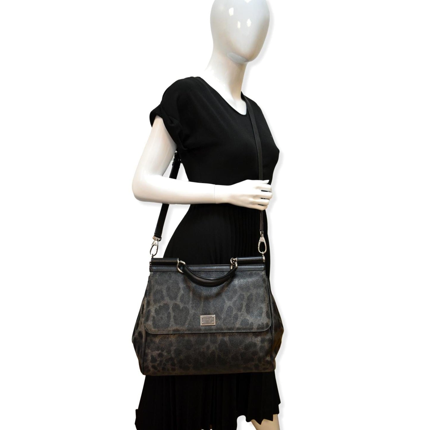 DOLCE & GABBANA Miss Sicily Leopard Print Leather Shoulder Bag Black