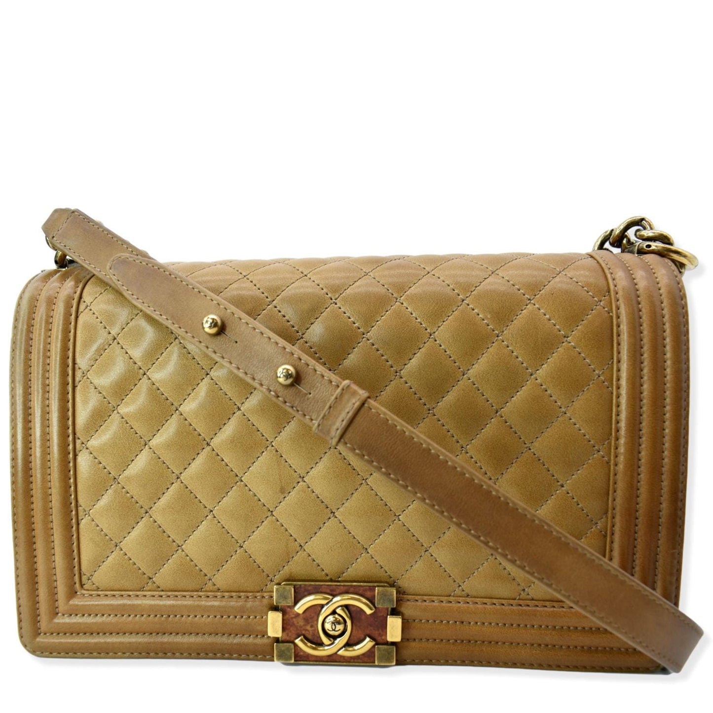 CHANEL Medium Boy Flap Leather Shoulder Bag Beige