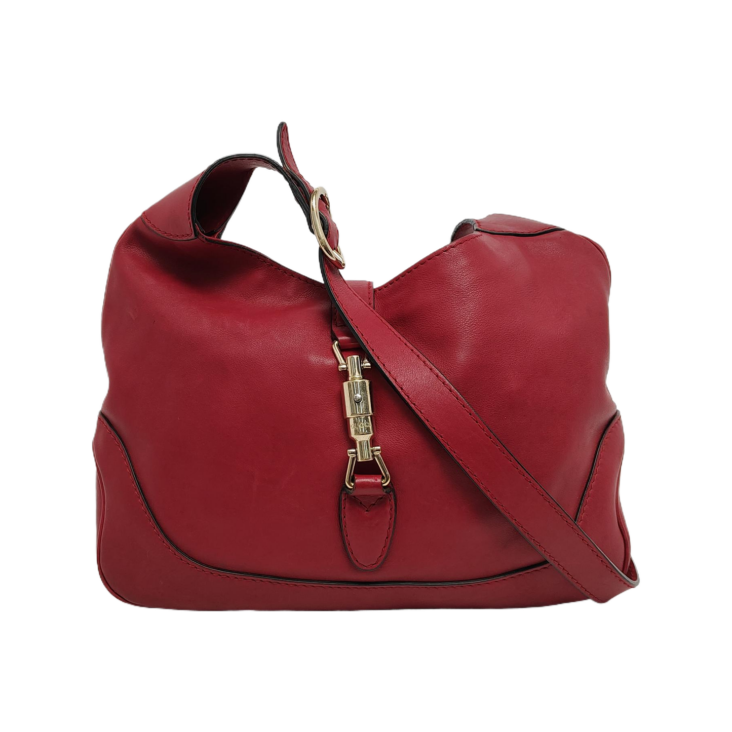 Gucci Jackie Soft Medium Leather Bag Burgundy Red Gold Piston Lock