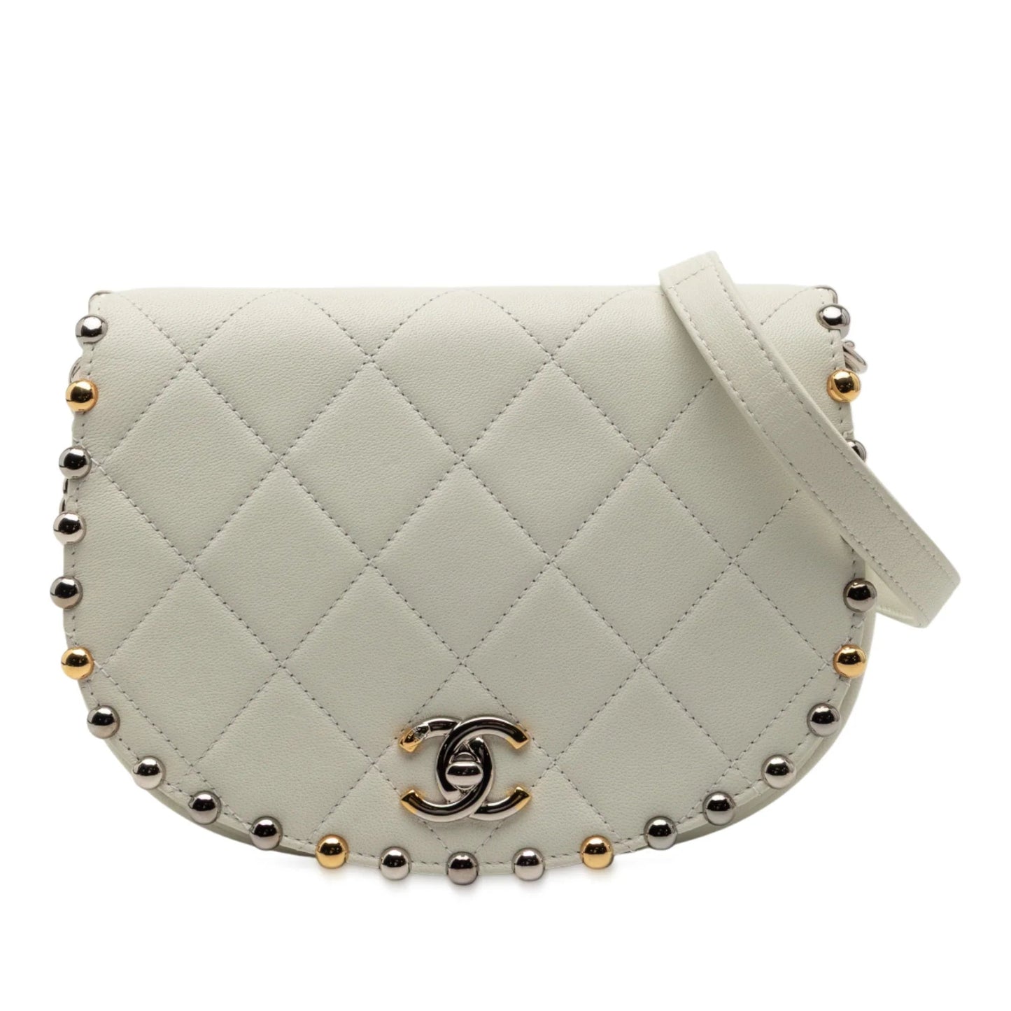 White Chanel Small Quilted Lambskin Studded Bubble Flap Crossbody Bag