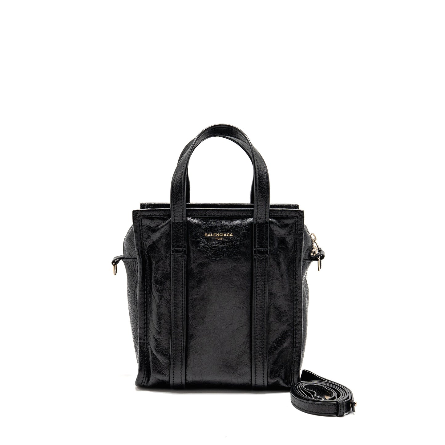 Balenciaga Bazar Mini Shopper/Tote Purse Crackled Calfskin Black