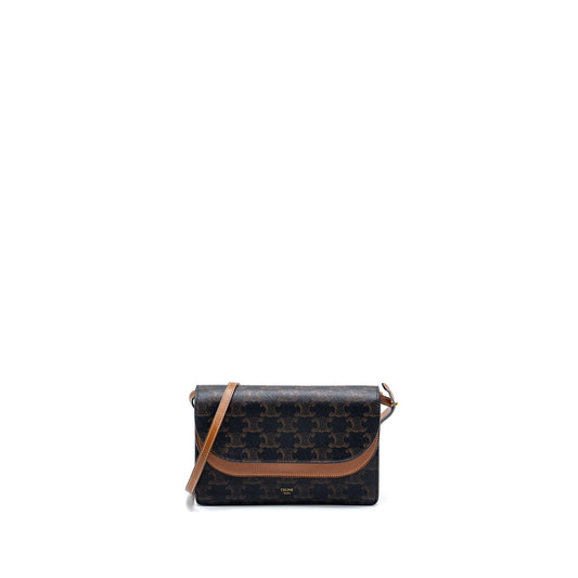 Luxury CELINE Wallet On Strap Triomphe Canvas/Smooth Lambskin Tan